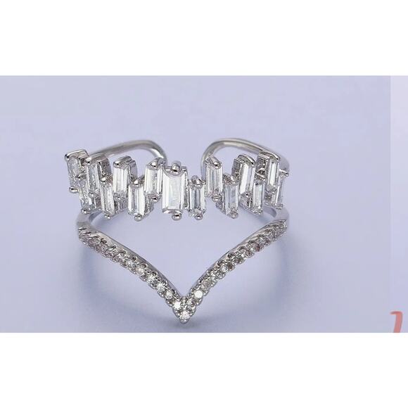 Gold Plated Curve Baguette Cz Diamond Chevron Ring - Picture 1 of 2